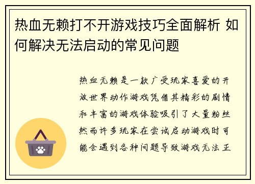 热血无赖打不开游戏技巧全面解析 如何解决无法启动的常见问题